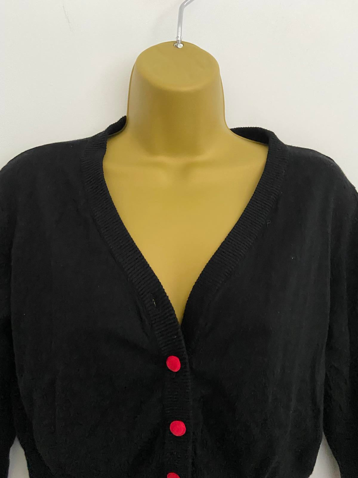 Unbranded Black Cropped V-Neck Cardigan - Red Buttons, Size S