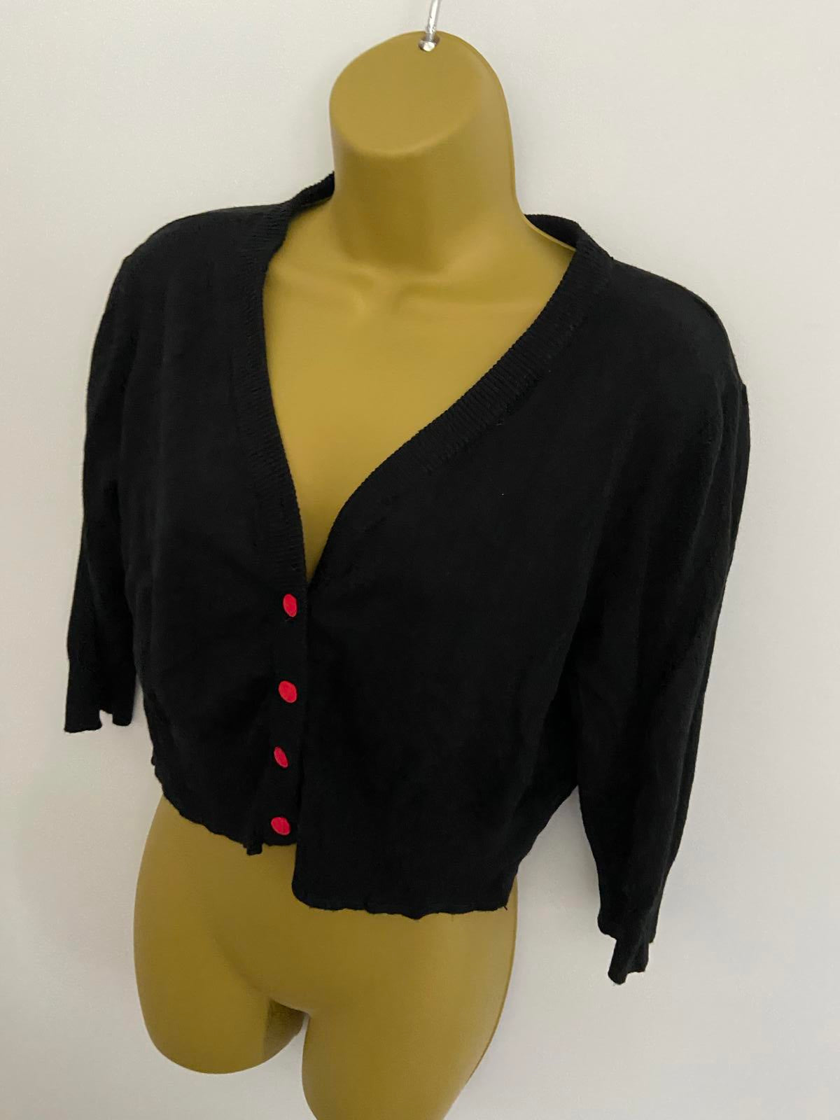 Unbranded Black Cropped V-Neck Cardigan - Red Buttons, Size S