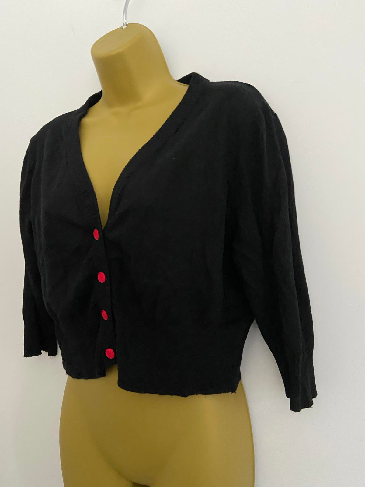 Unbranded Black Cropped V-Neck Cardigan - Red Buttons, Size S