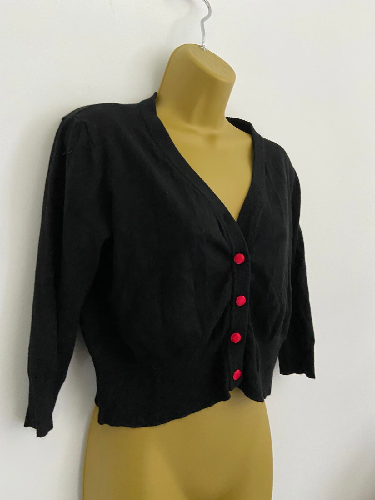 Unbranded Black Cropped V-Neck Cardigan - Red Buttons, Size S