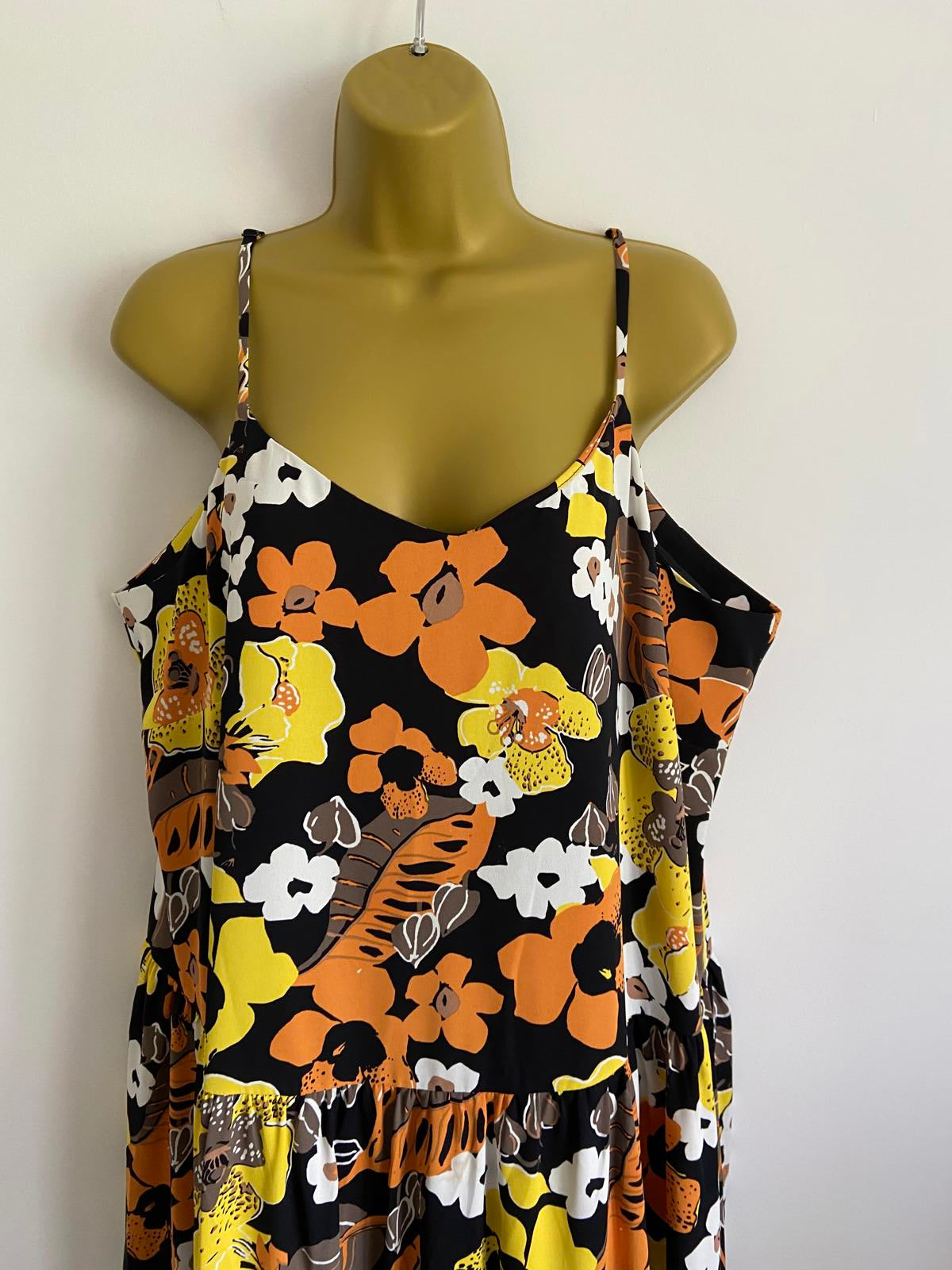 M&S Autograph Size 20 Black Orange Yellow Floral Vibrant Strappy Midi Dress