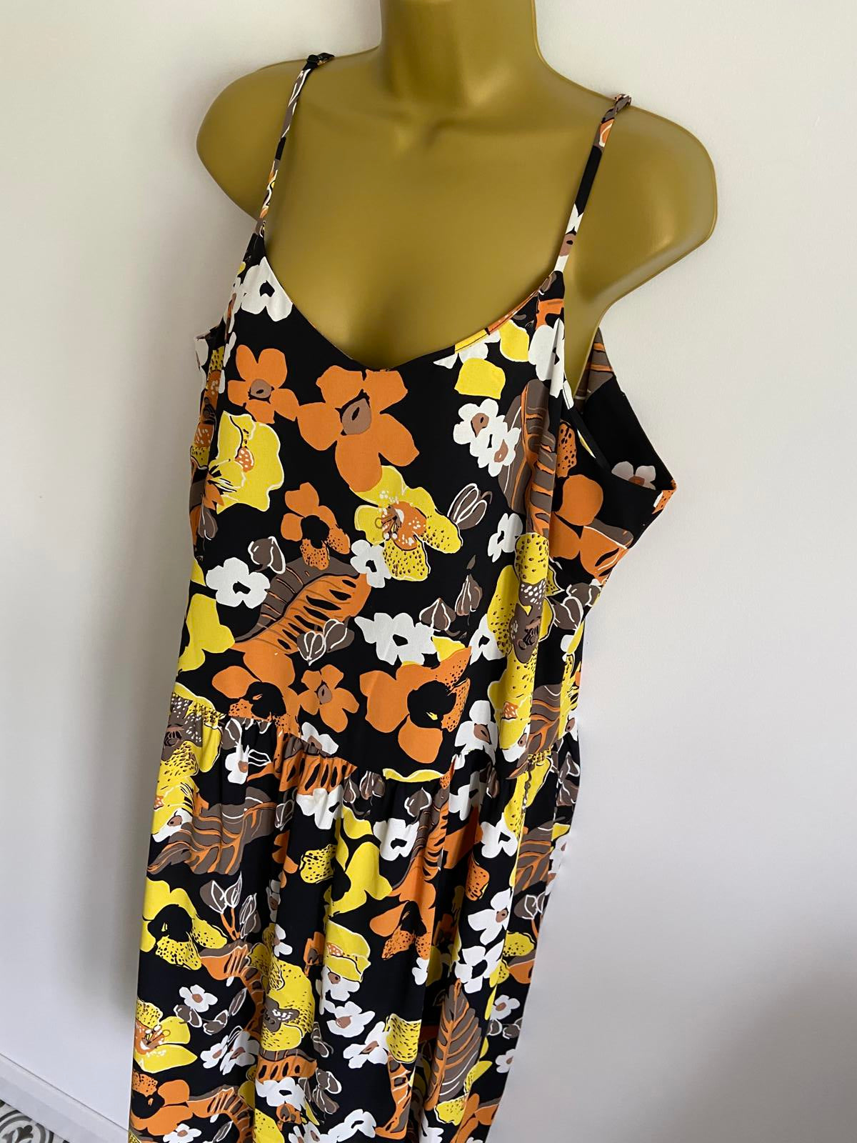 M&S Autograph Size 20 Black Orange Yellow Floral Vibrant Strappy Midi Dress