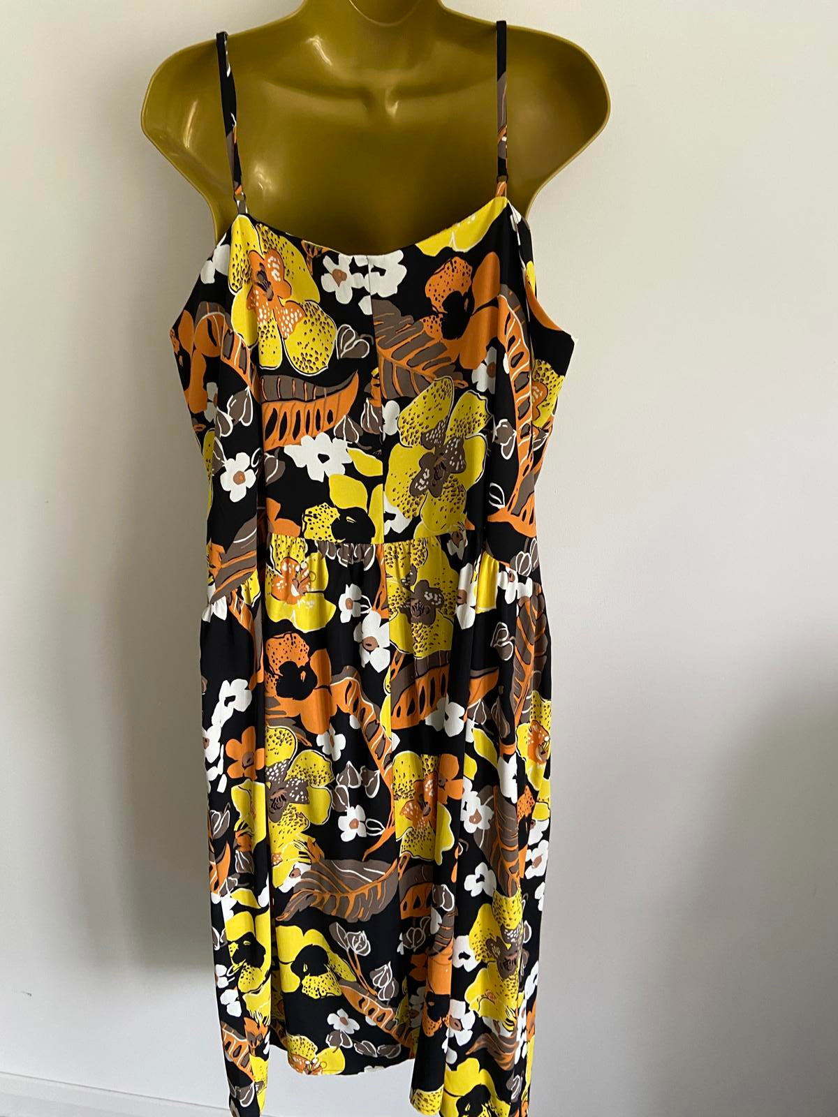 M&S Autograph Size 20 Black Orange Yellow Floral Vibrant Strappy Midi Dress