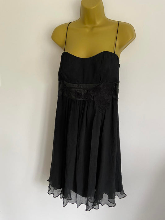Karen Millen Size 14 Black 100% Silk Boned Bodice Strappy Cocktail Dress