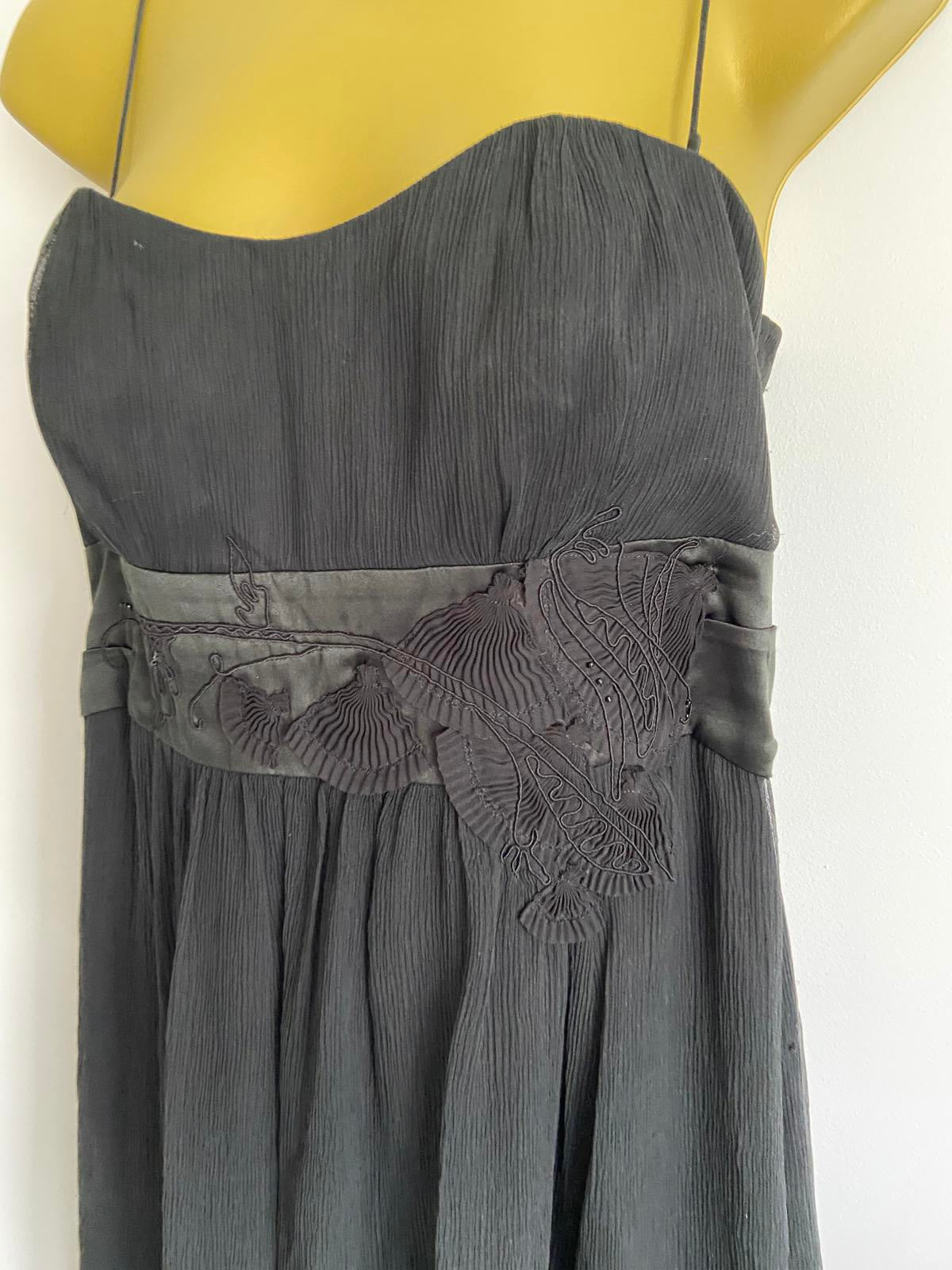 Karen Millen Size 14 Black 100% Silk Boned Bodice Strappy Cocktail Dress