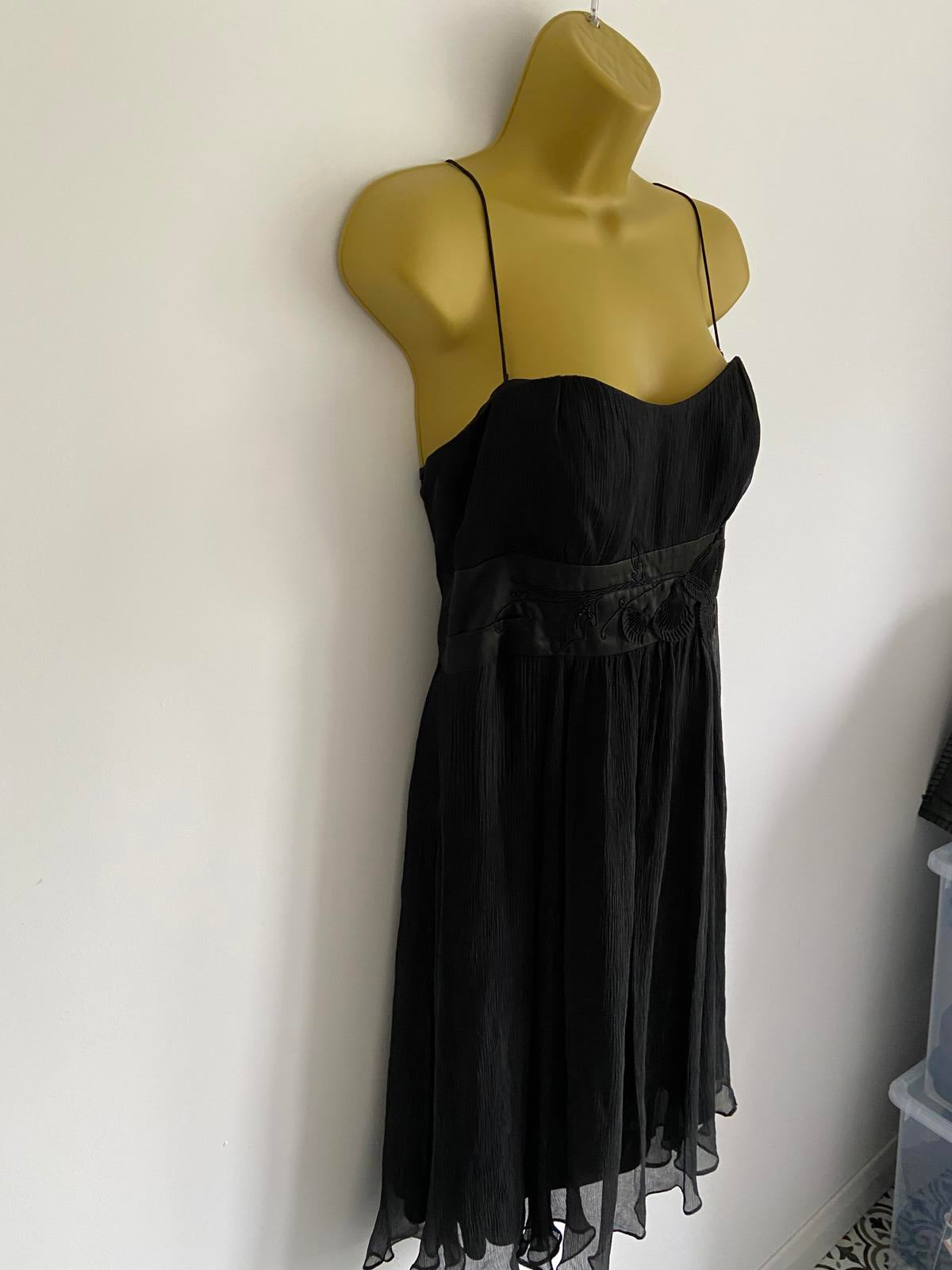 Karen Millen Size 14 Black 100% Silk Boned Bodice Strappy Cocktail Dress