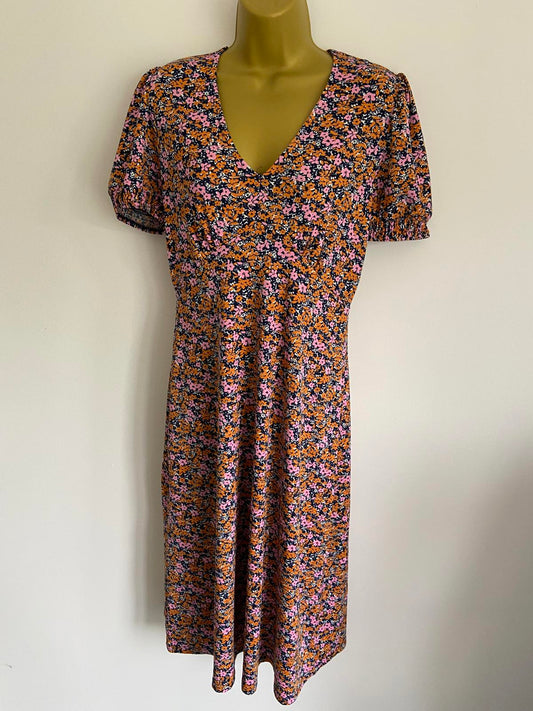 Next Size 10 Orange Pink Navy Ditsy Floral V-Neck Tea Dress Puff Sleeve