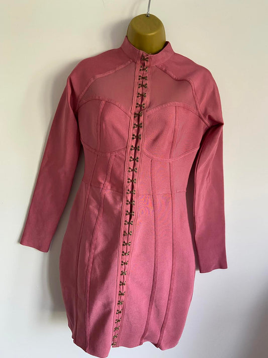 PrettyLittleThing Size 12 Pink Steampunk Corset Style Bodycon Mini Dress