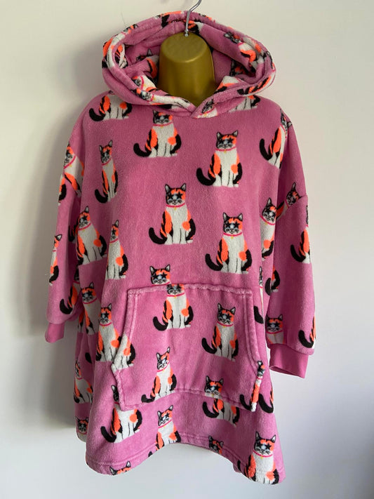 M&S Kids Age 9-10 Pink Cat Print Oversized Fleece Hoodie Oodie Style