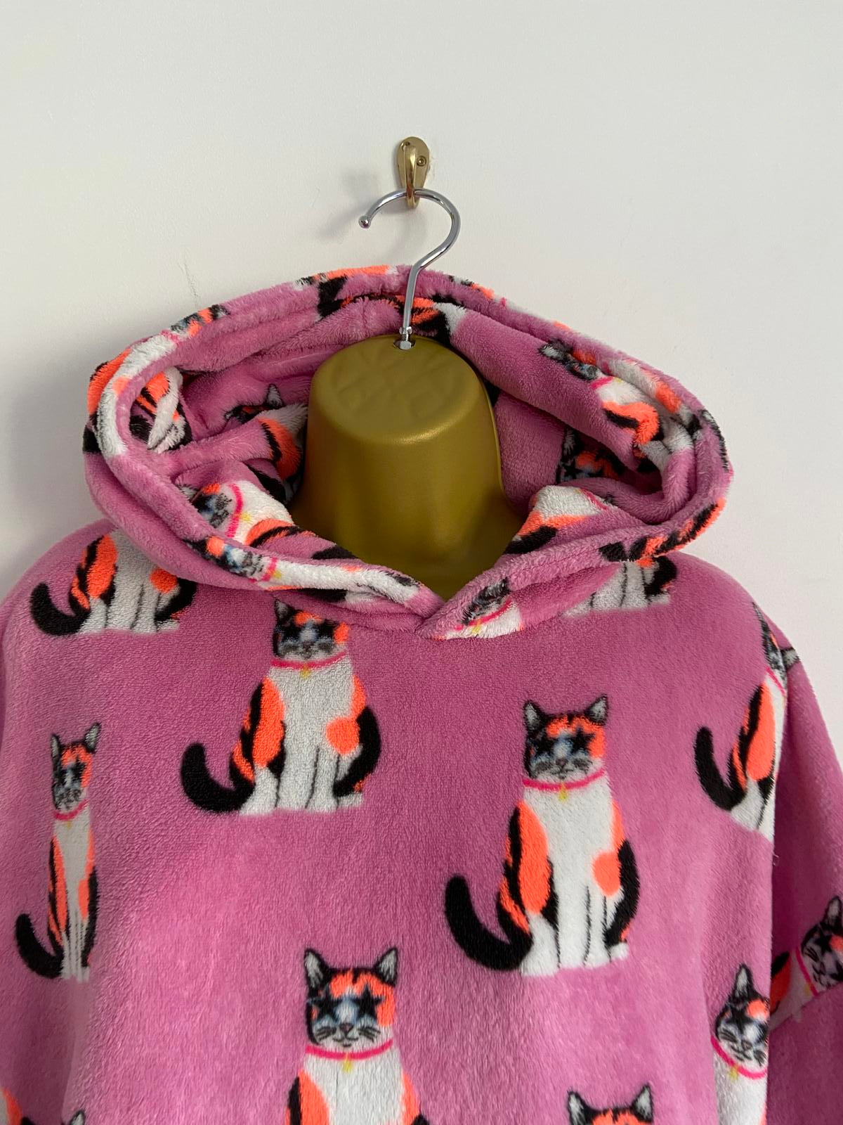 M&S Kids Age 9-10 Pink Cat Print Oversized Fleece Hoodie Oodie Style