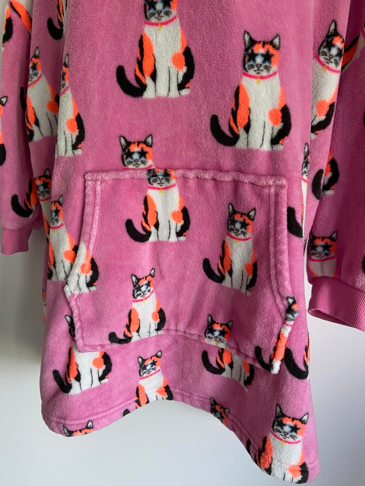 M&S Kids Age 9-10 Pink Cat Print Oversized Fleece Hoodie Oodie Style