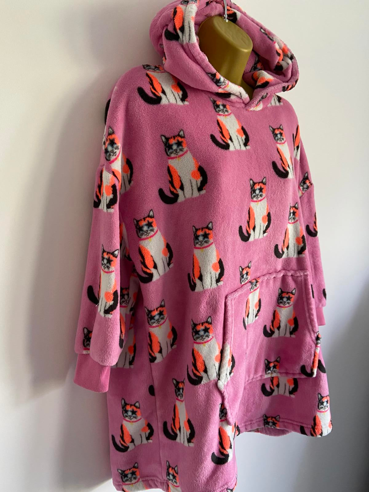 M&S Kids Age 9-10 Pink Cat Print Oversized Fleece Hoodie Oodie Style