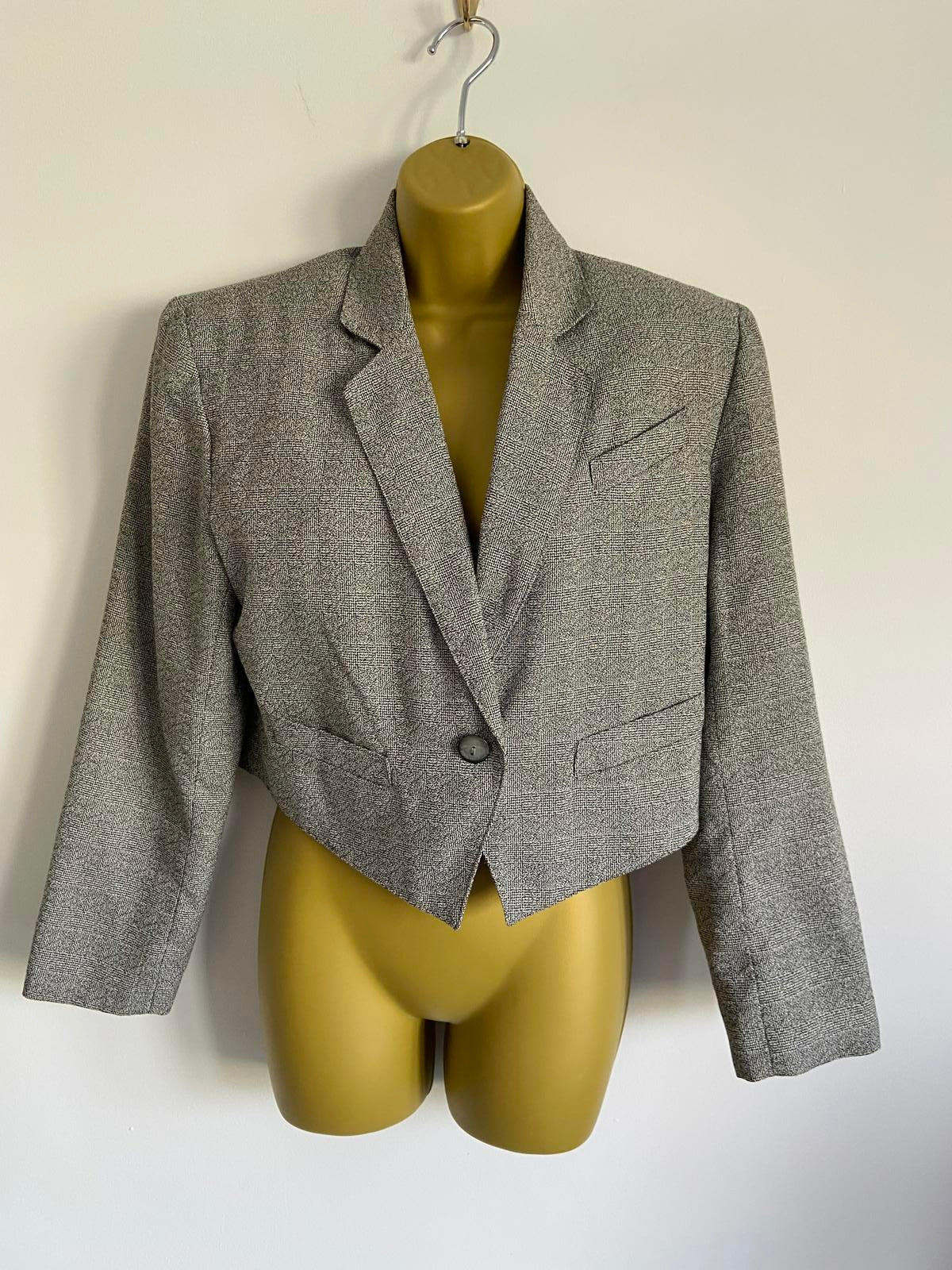 Principles Size 12 Grey Short Boxy Cropped Blazer Jacket with Shoulder Pads