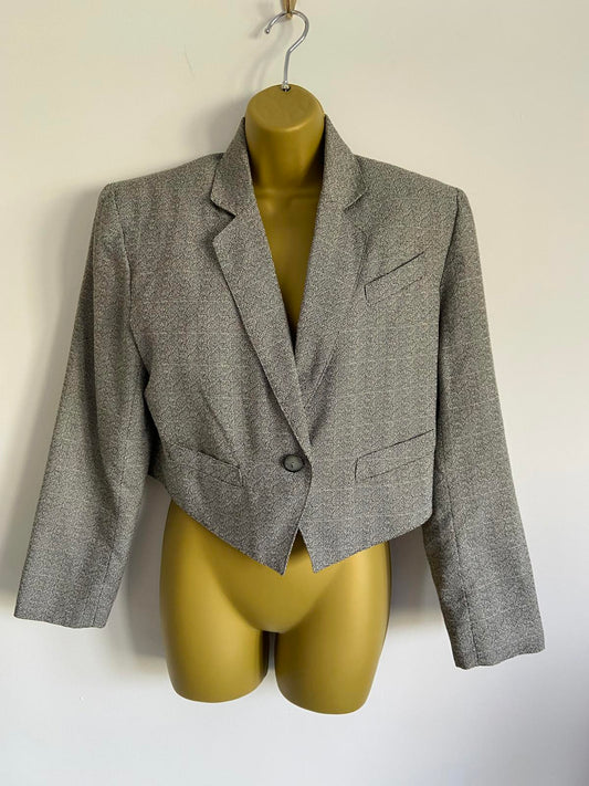 Principles Size 12 Grey Short Boxy Cropped Blazer Jacket with Shoulder Pads
