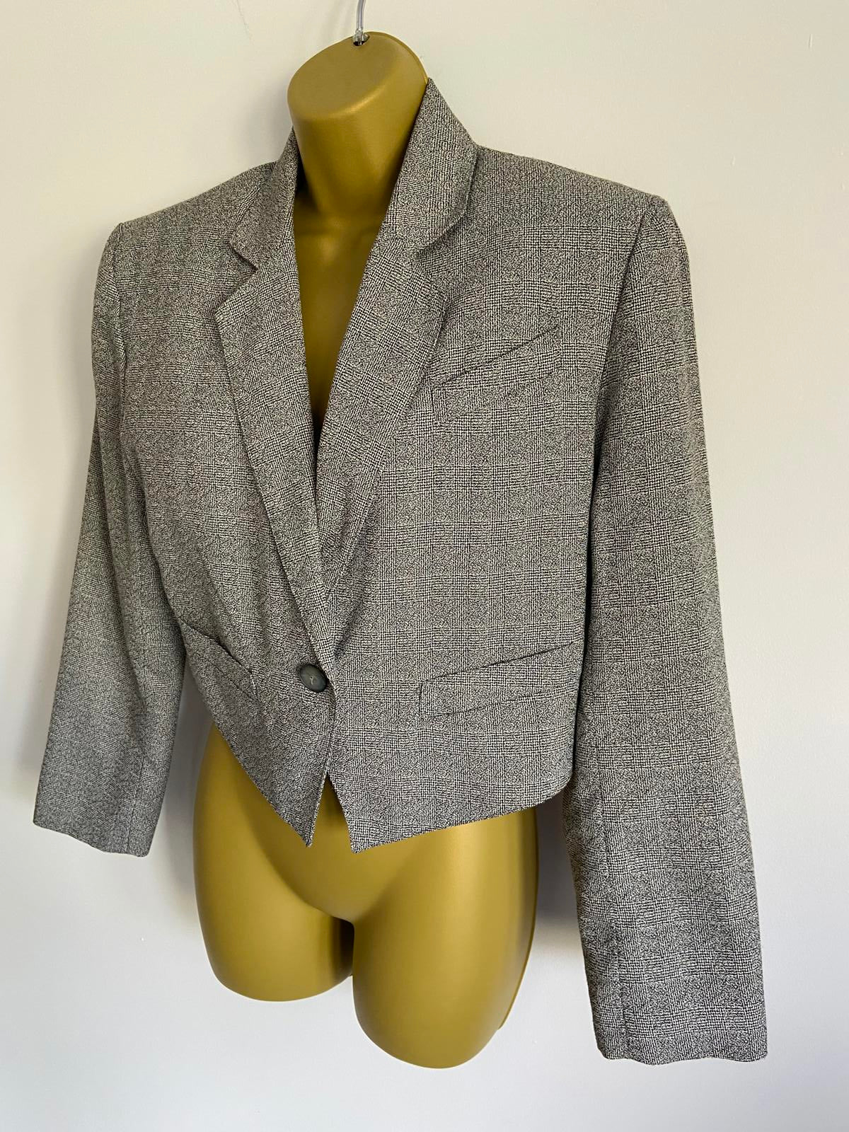 Principles Size 12 Grey Short Boxy Cropped Blazer Jacket with Shoulder Pads