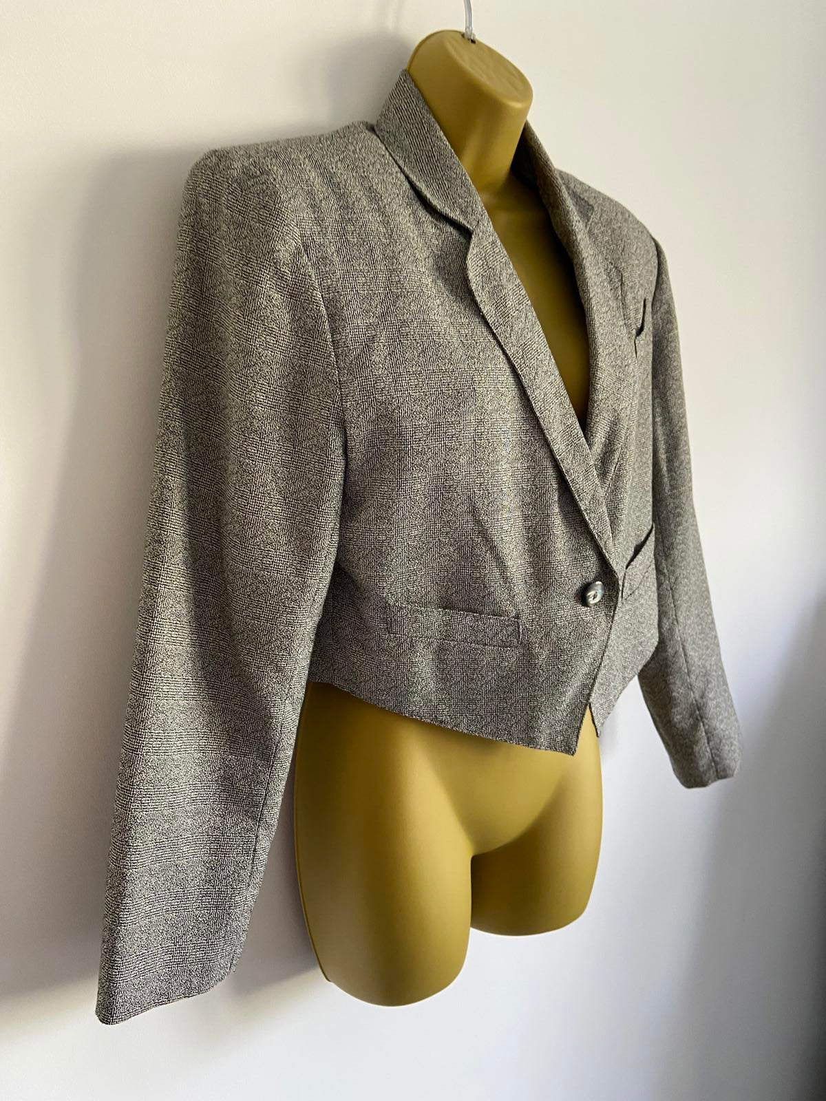 Principles Size 12 Grey Short Boxy Cropped Blazer Jacket with Shoulder Pads