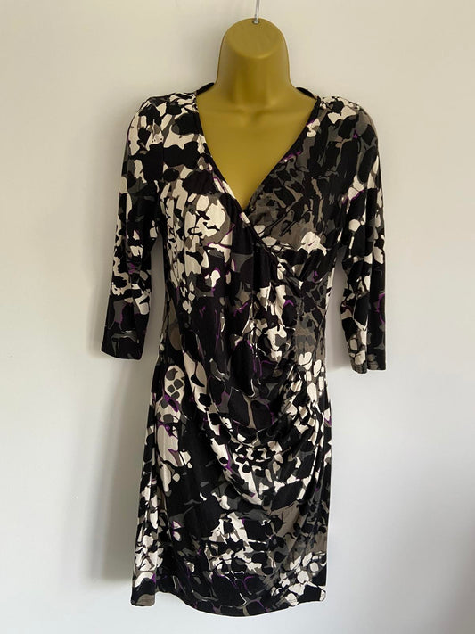 Wallis Size 12 Black White Purple Floral Ruched Faux Wrap Knee Length Dress