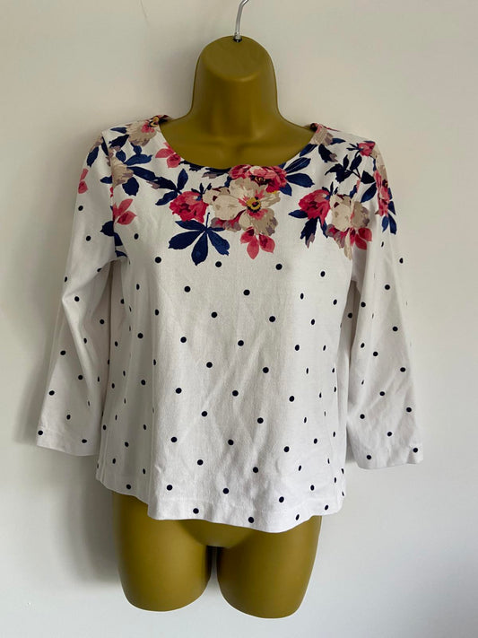Joules Size 10 White Polka Dot & Floral 3/4 Sleeve 100% Cotton Top