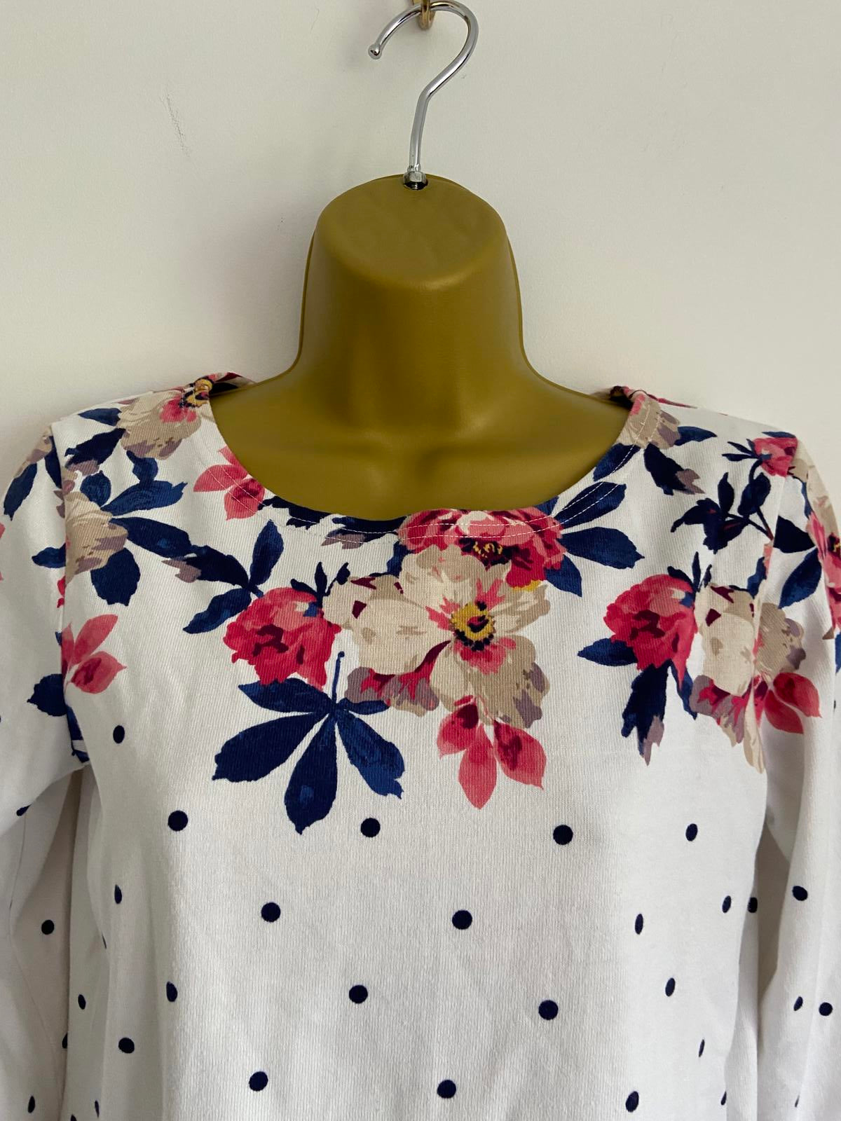 Joules Size 10 White Polka Dot & Floral 3/4 Sleeve 100% Cotton Top