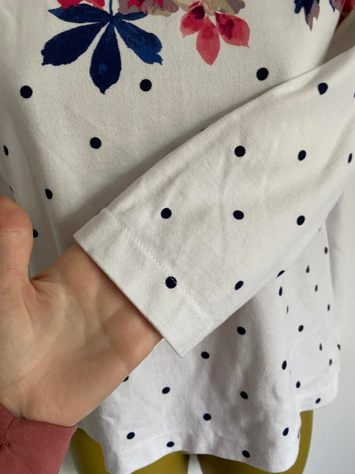 Joules Size 10 White Polka Dot & Floral 3/4 Sleeve 100% Cotton Top