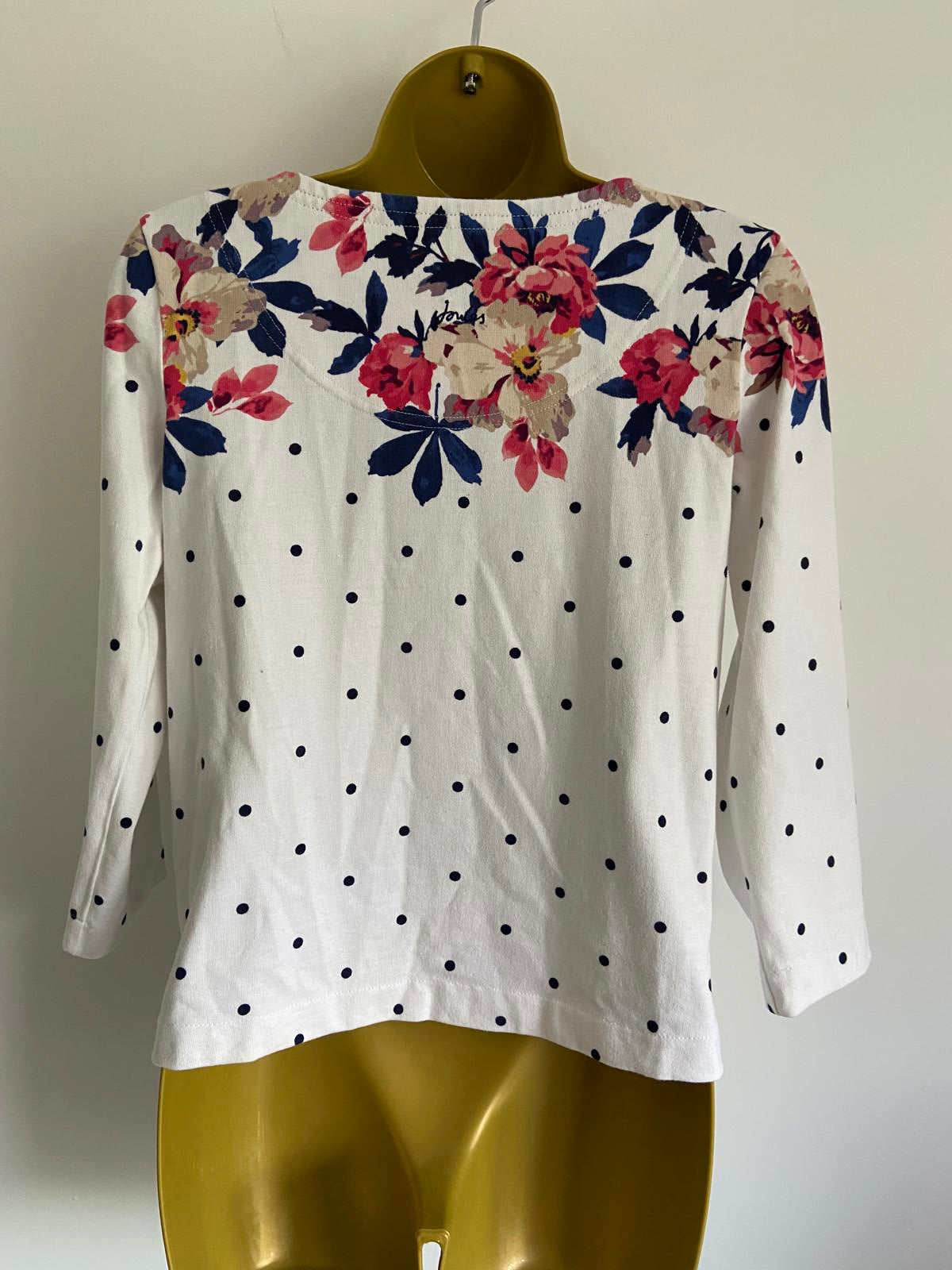 Joules Size 10 White Polka Dot & Floral 3/4 Sleeve 100% Cotton Top