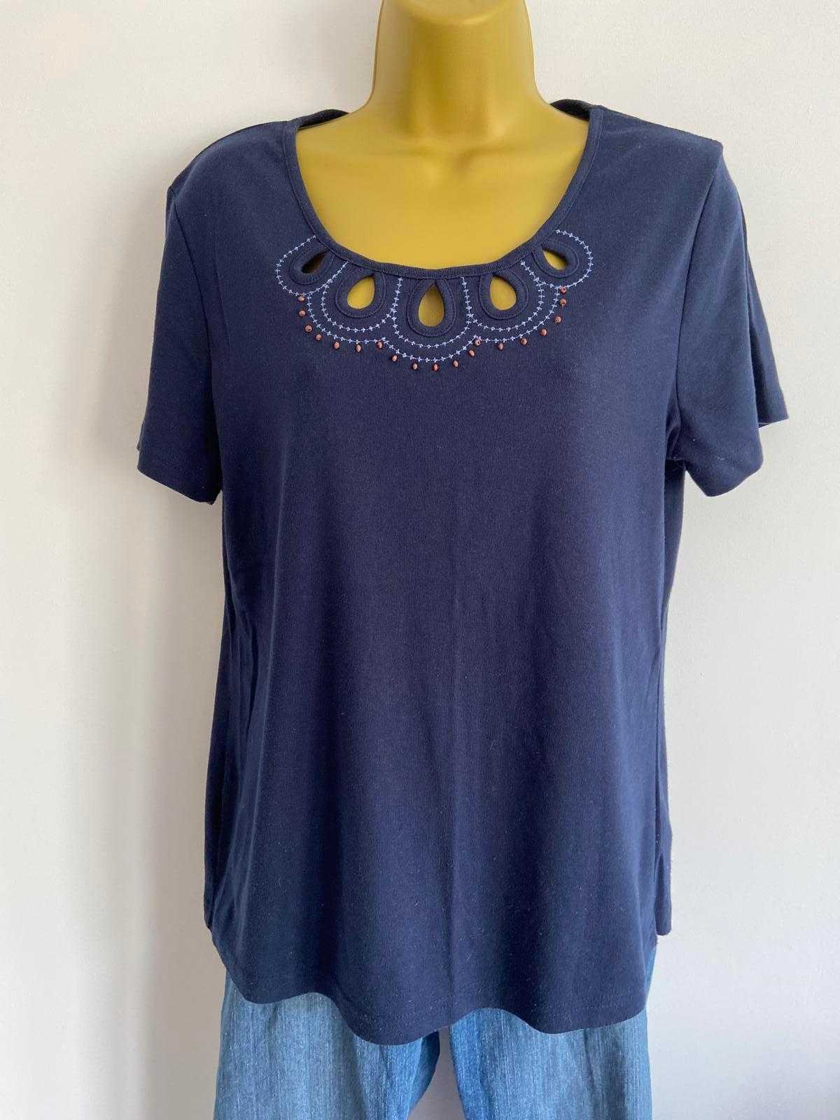 BM Casual Size Medium Navy Blue Beaded & Embroidered T-Shirt