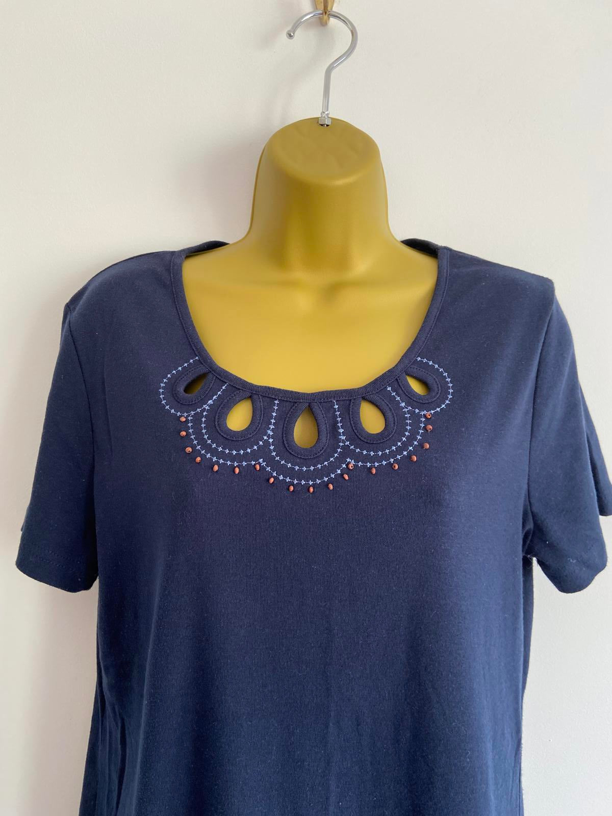 BM Casual Size Medium Navy Blue Beaded & Embroidered T-Shirt