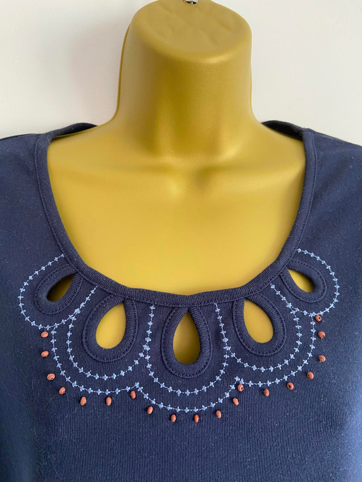BM Casual Size Medium Navy Blue Beaded & Embroidered T-Shirt
