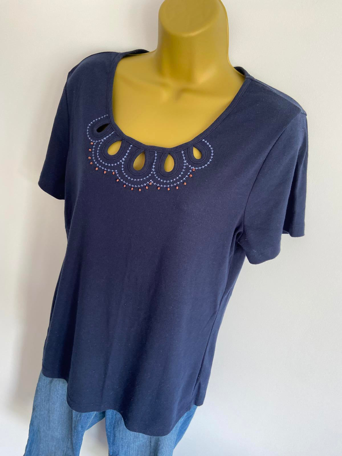 BM Casual Size Medium Navy Blue Beaded & Embroidered T-Shirt