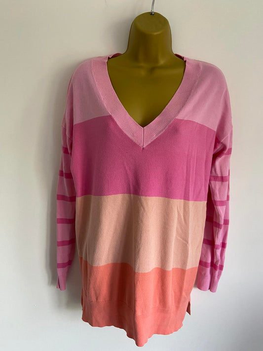 Capsule Size 8-10 Pink & Coral Colour Block V-Neck Knit Jumper Striped Sleeve
