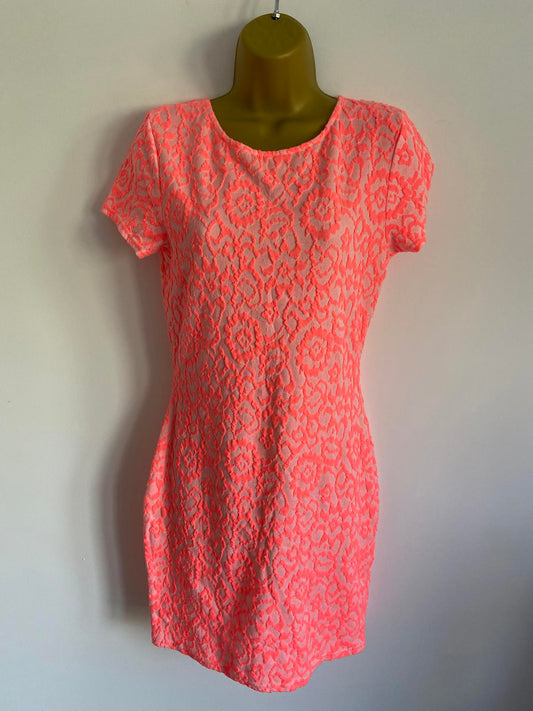 River Island Size 12 Neon Orange Pink Leopard Print Textured Bodycon Mini Dress