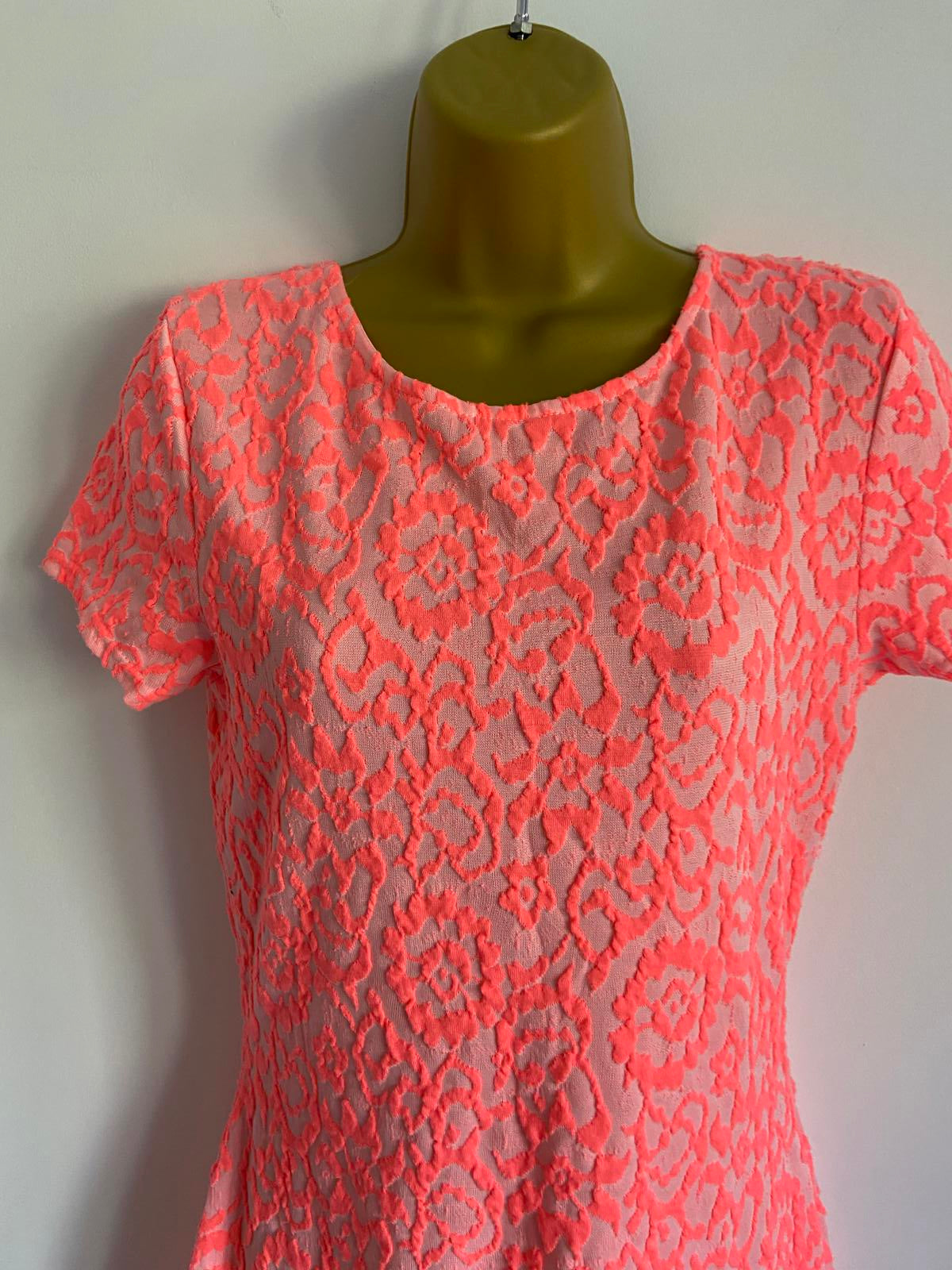 River Island Size 12 Neon Orange Pink Leopard Print Textured Bodycon Mini Dress