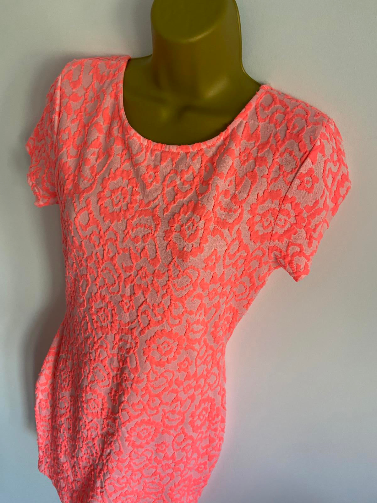 River Island Size 12 Neon Orange Pink Leopard Print Textured Bodycon Mini Dress