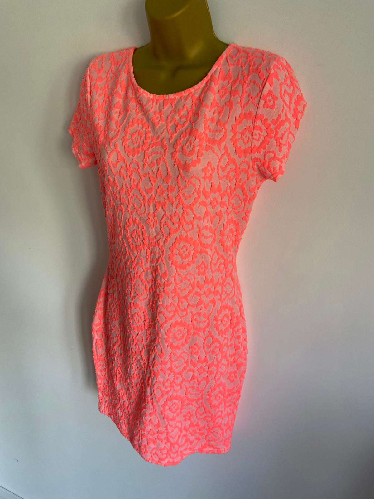 River Island Size 12 Neon Orange Pink Leopard Print Textured Bodycon Mini Dress