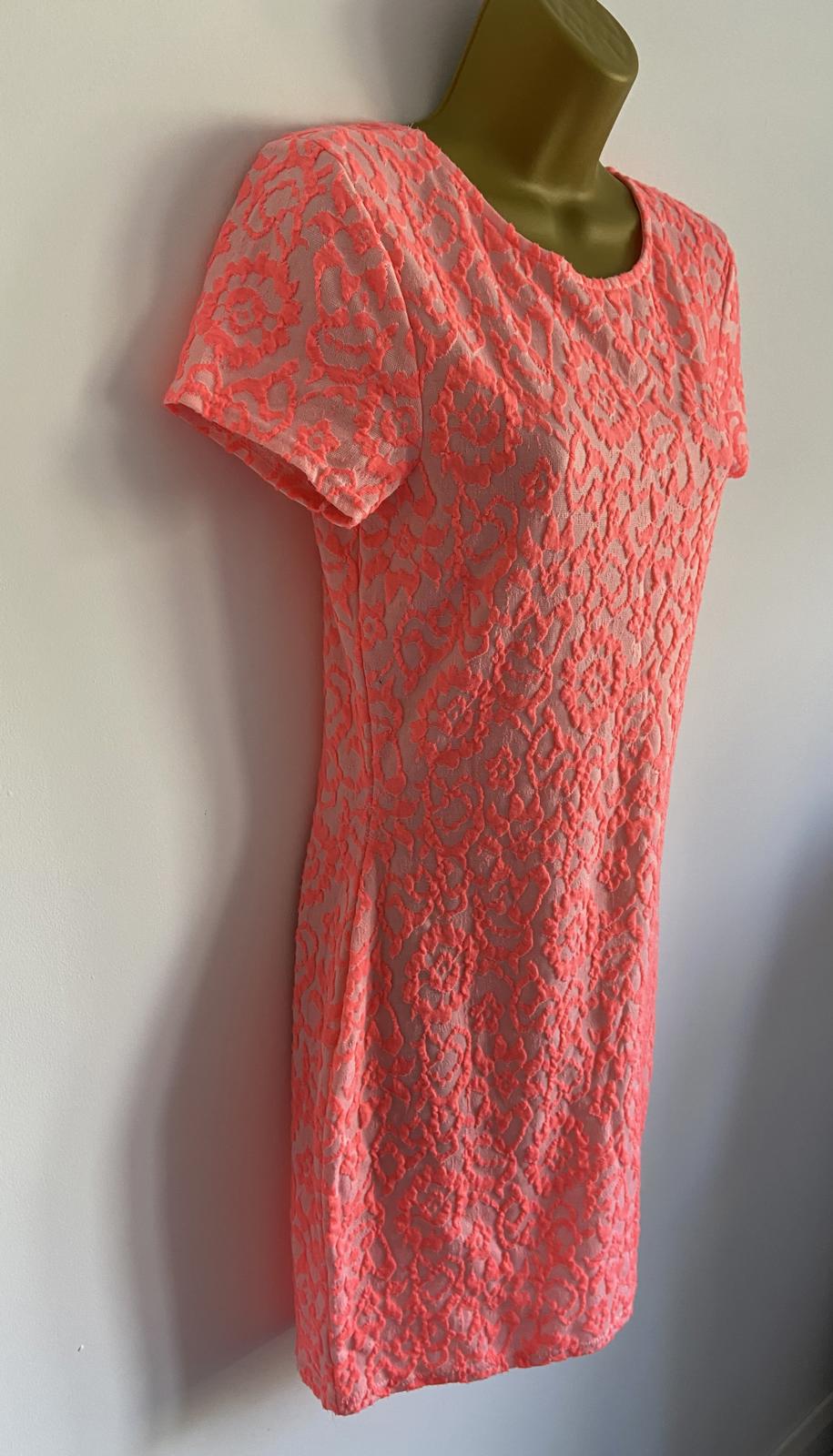 River Island Size 12 Neon Orange Pink Leopard Print Textured Bodycon Mini Dress