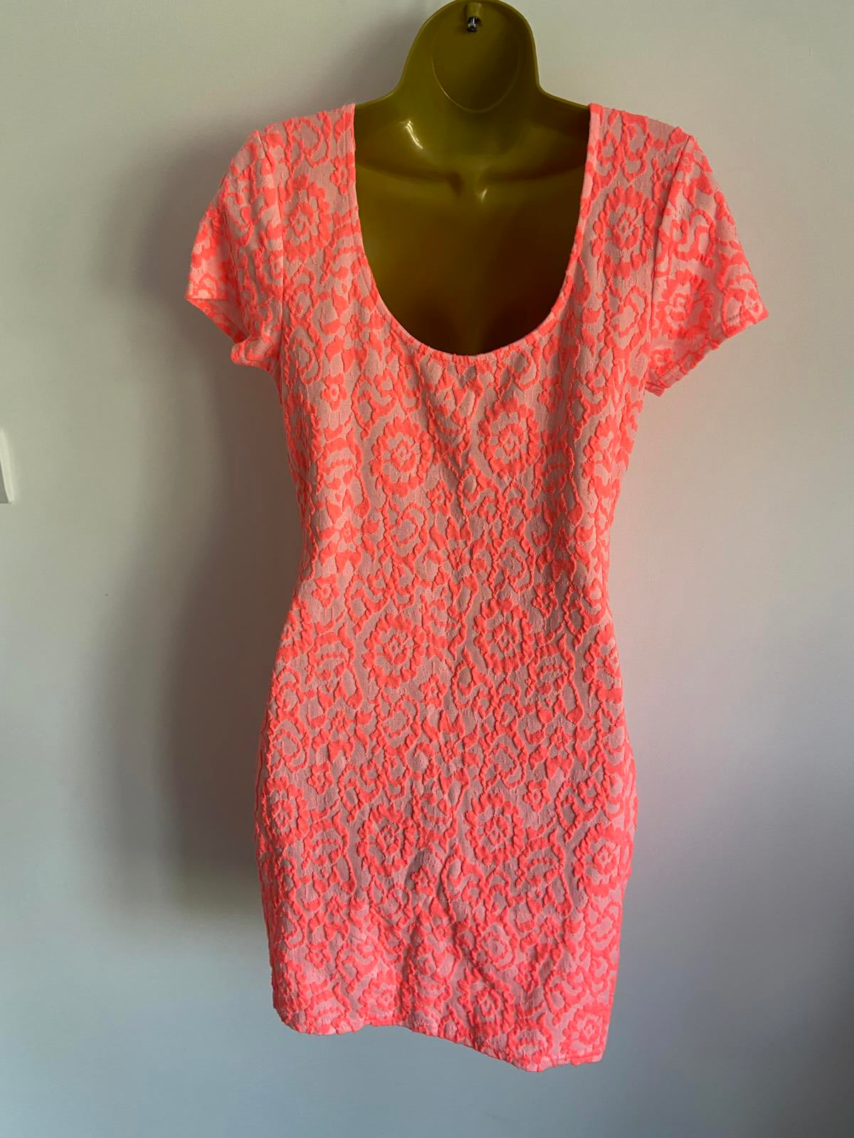 River Island Size 12 Neon Orange Pink Leopard Print Textured Bodycon Mini Dress