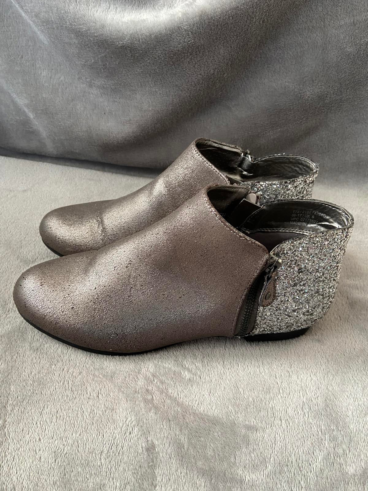 M&S Size 6 Silver Metallic Glitter Ankle Boots Double Side Zip Party Shoes