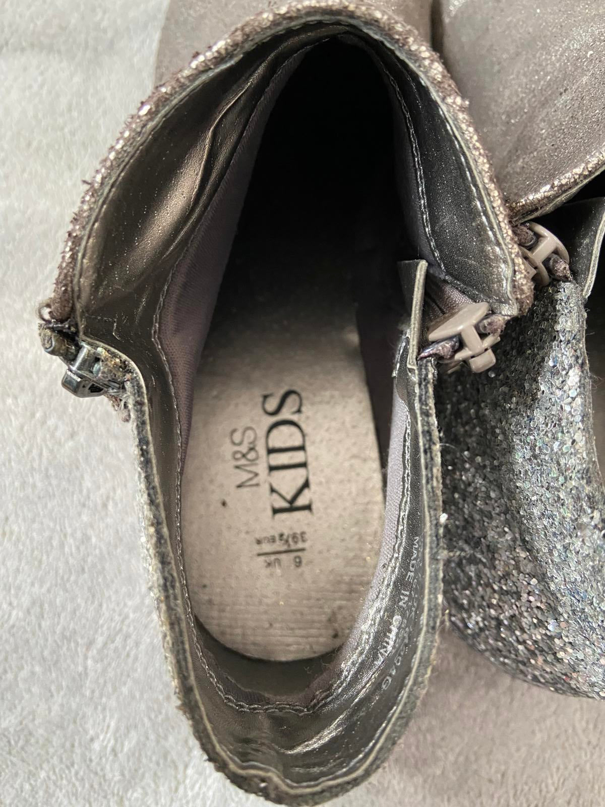 M&S Size 6 Silver Metallic Glitter Ankle Boots Double Side Zip Party Shoes
