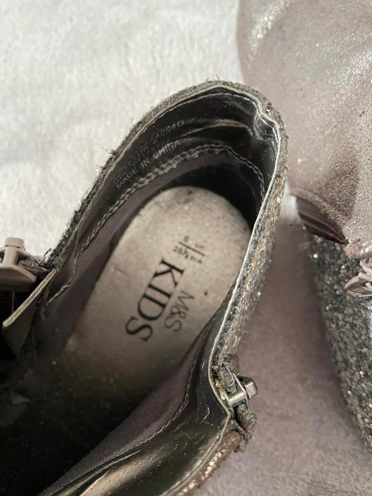 M&S Size 6 Silver Metallic Glitter Ankle Boots Double Side Zip Party Shoes