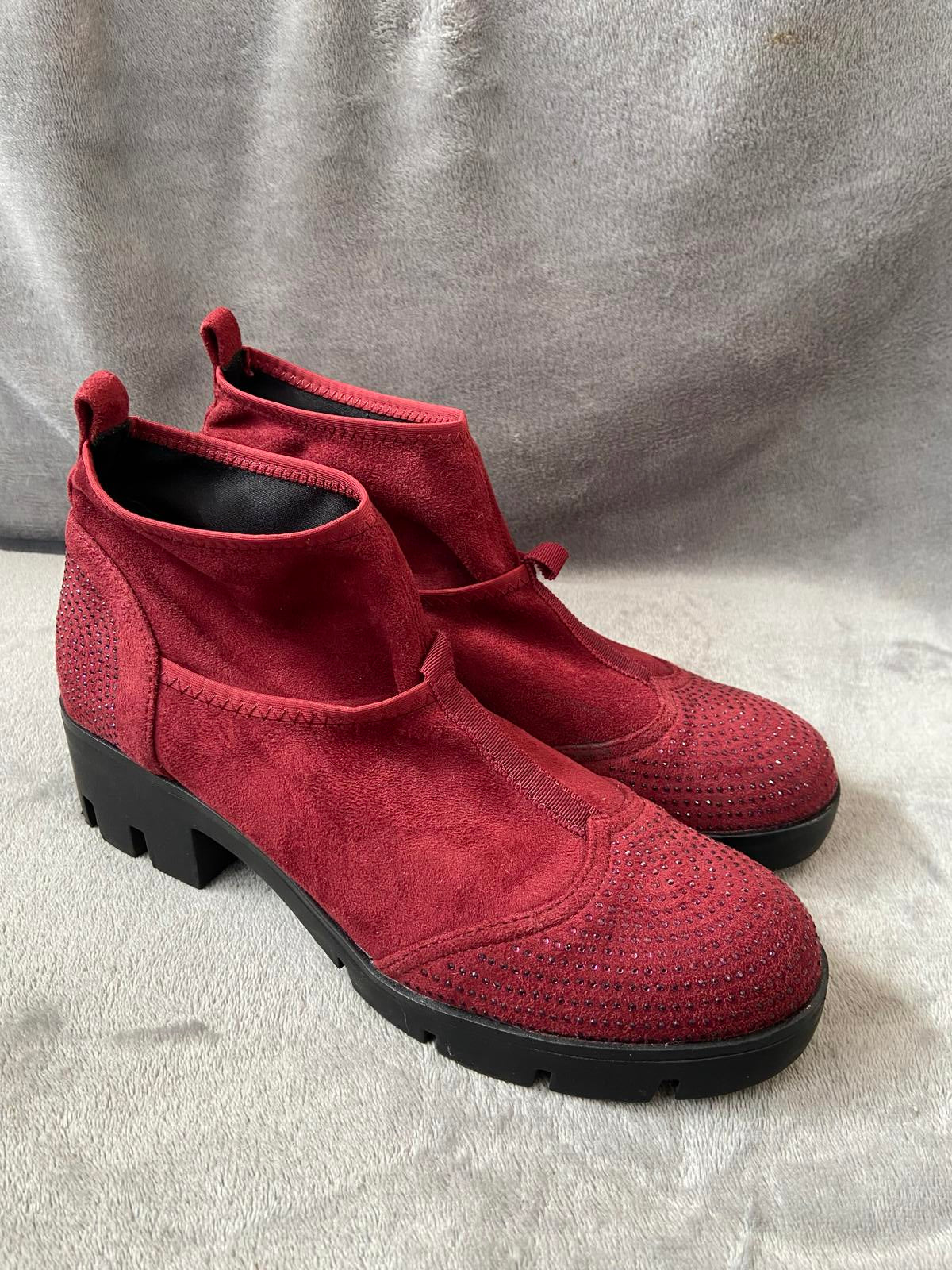 Beauty Girls Size 6 Red Faux Suede Diamante Studded Ankle Boots Lug Sole