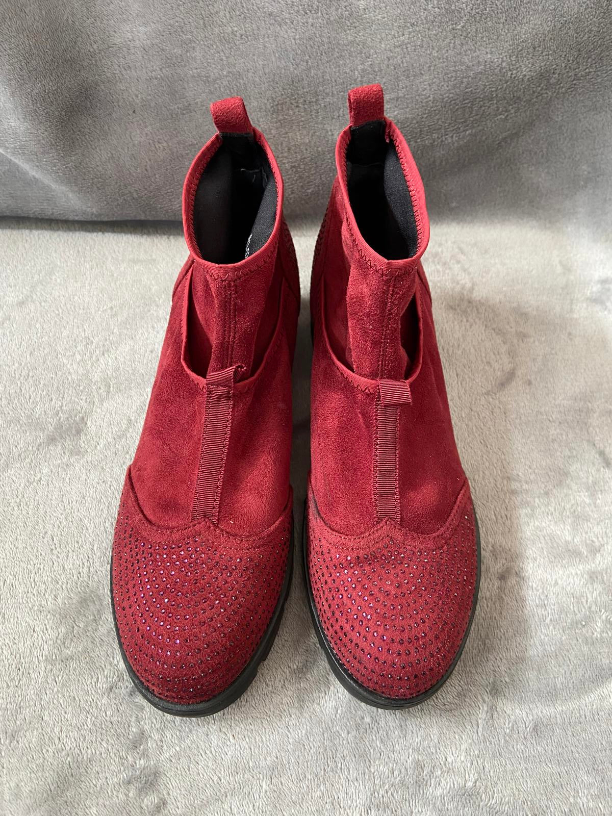 Beauty Girls Size 6 Red Faux Suede Diamante Studded Ankle Boots Lug Sole