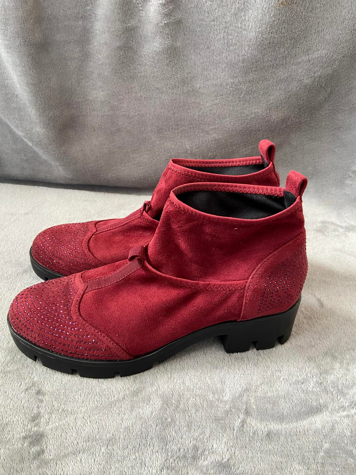 Beauty Girls Size 6 Red Faux Suede Diamante Studded Ankle Boots Lug Sole