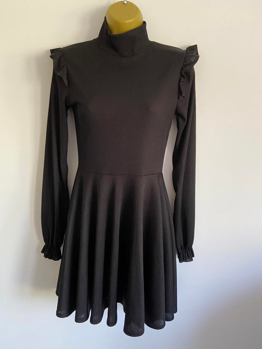 I Saw It First Size 8 Black Ribbed High Neck Long Sleeve Ruffle Skater Dress