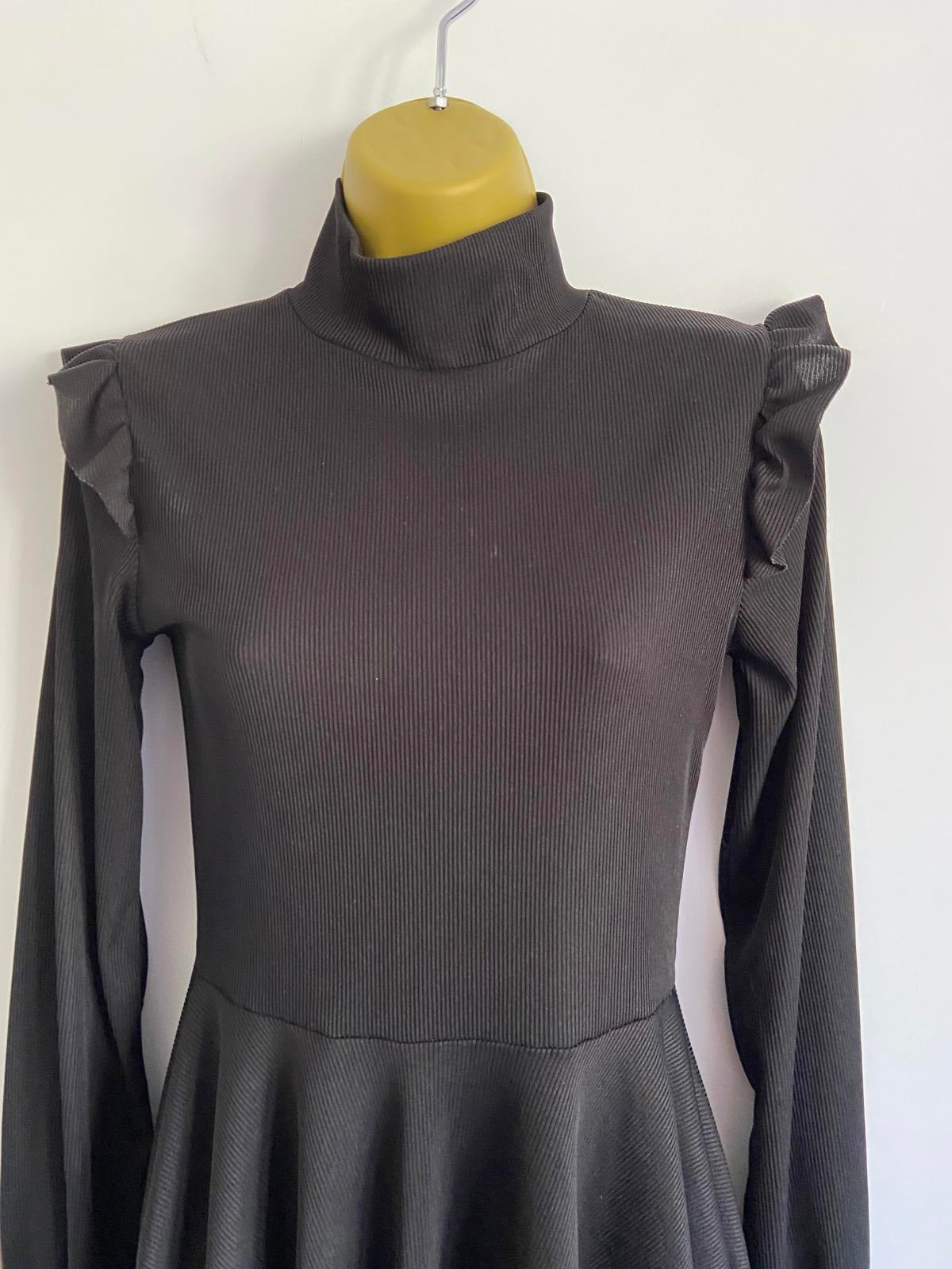 I Saw It First Size 8 Black Ribbed High Neck Long Sleeve Ruffle Skater Dress
