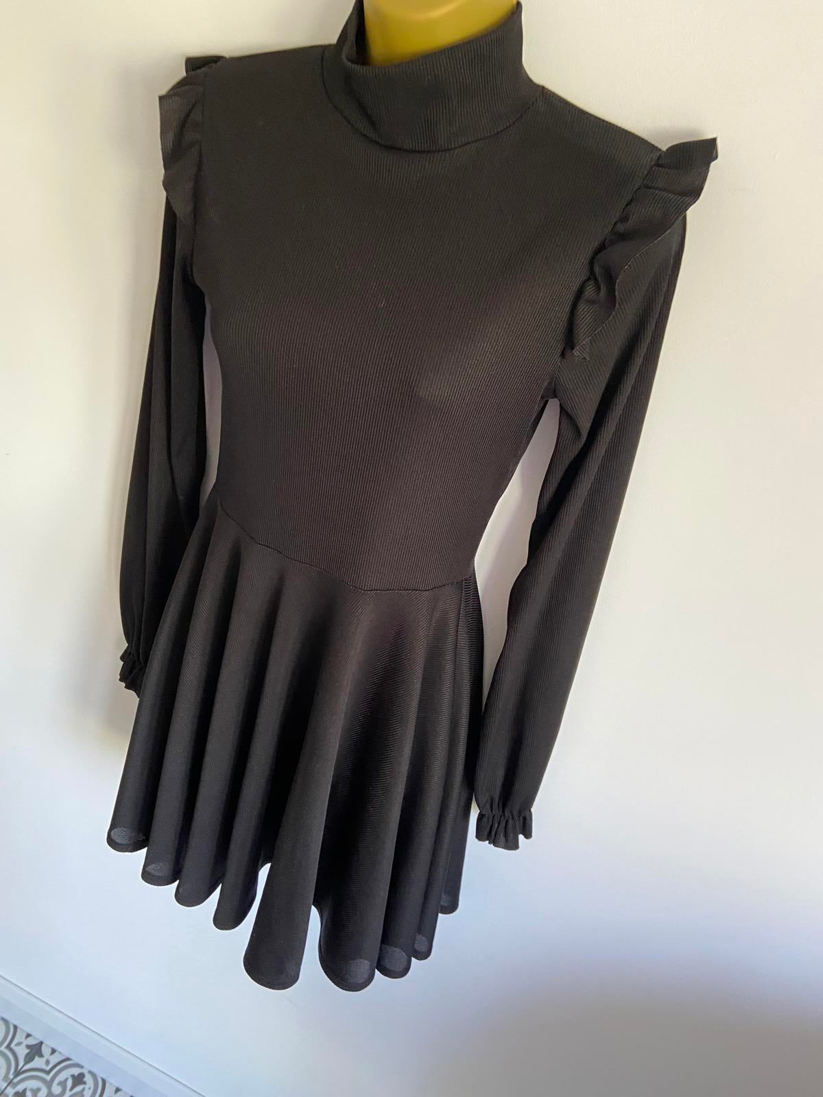 I Saw It First Size 8 Black Ribbed High Neck Long Sleeve Ruffle Skater Dress