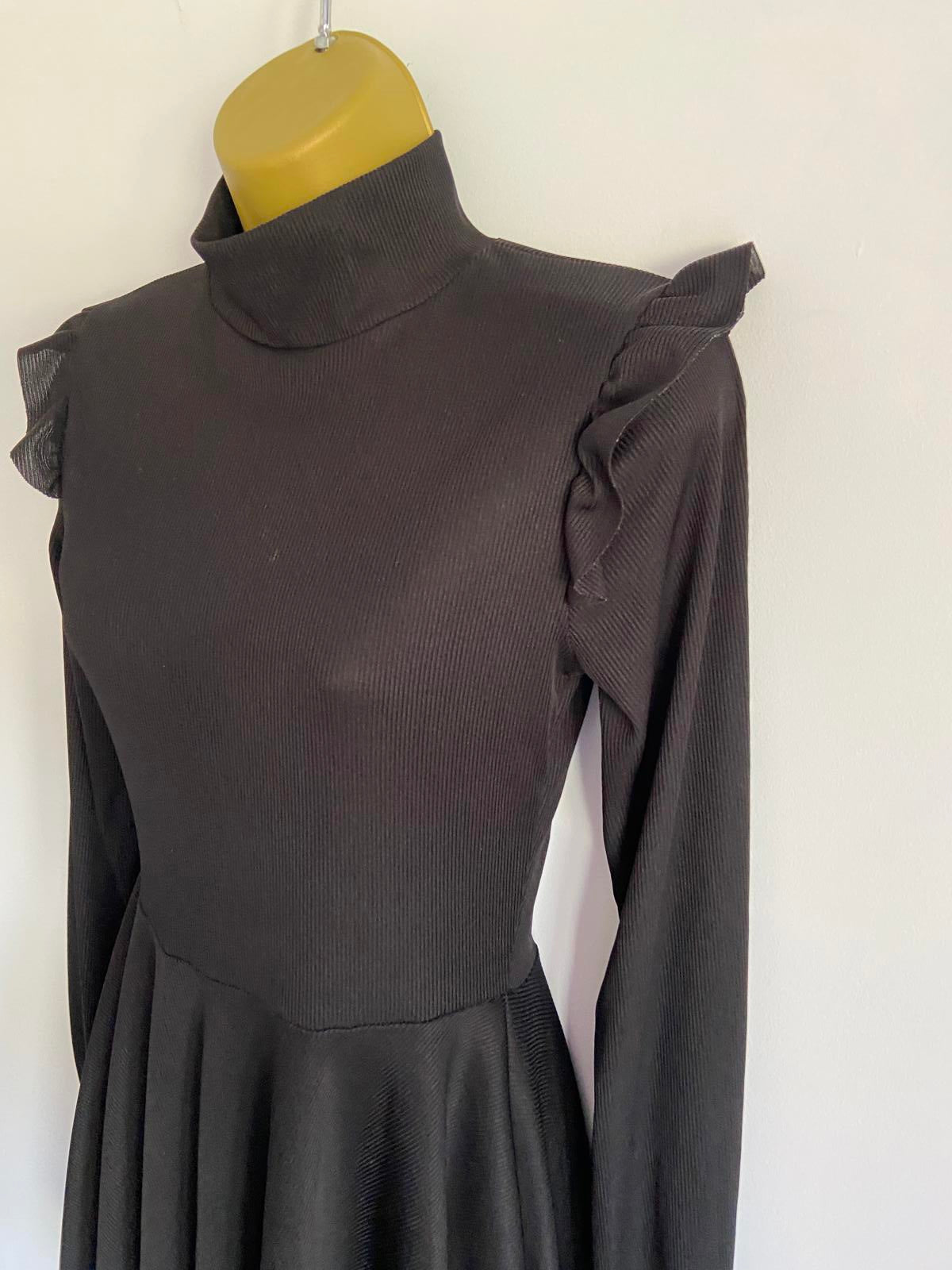 I Saw It First Size 8 Black Ribbed High Neck Long Sleeve Ruffle Skater Dress