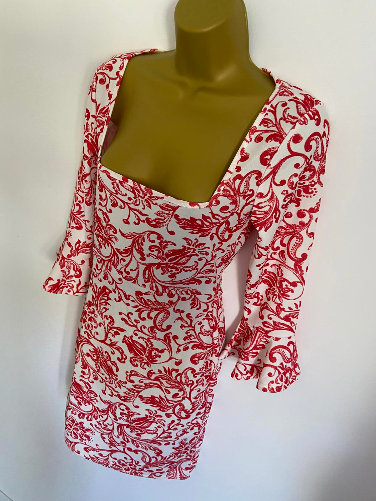 Missguided Size 8 White & Red Floral Paisley Print Bell Sleeve Bodycon Dress