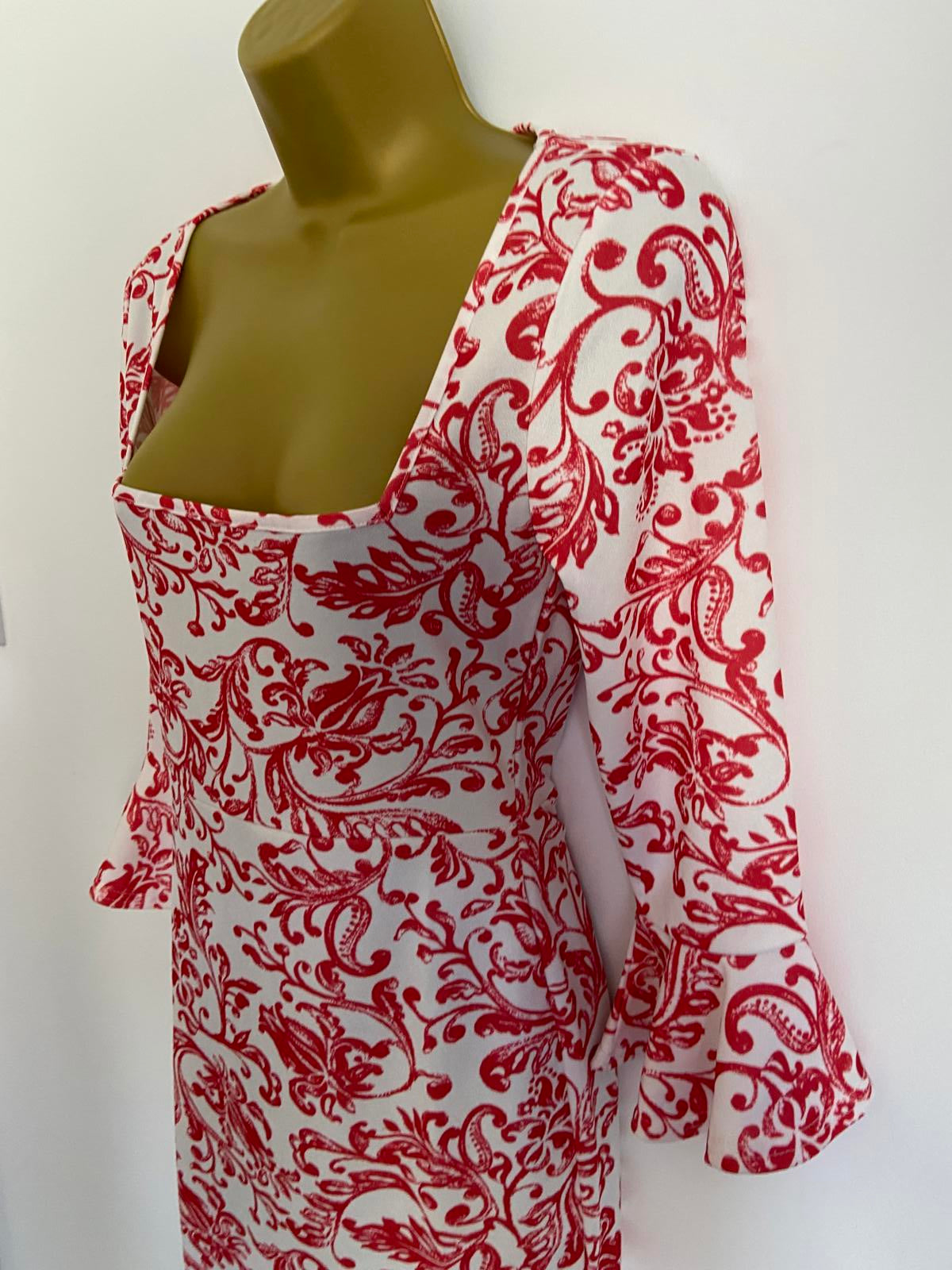 Missguided Size 8 White & Red Floral Paisley Print Bell Sleeve Bodycon Dress