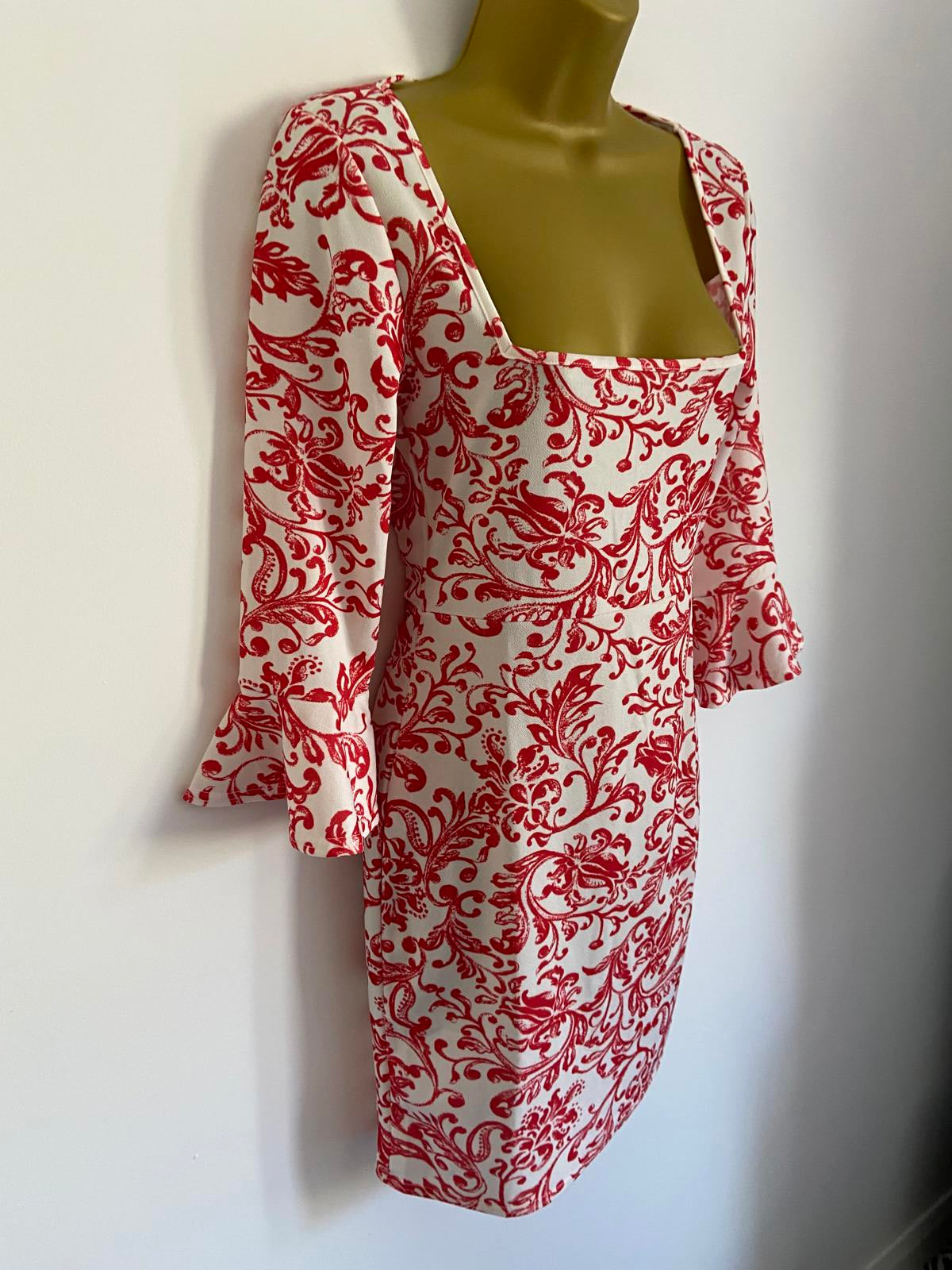 Missguided Size 8 White & Red Floral Paisley Print Bell Sleeve Bodycon Dress