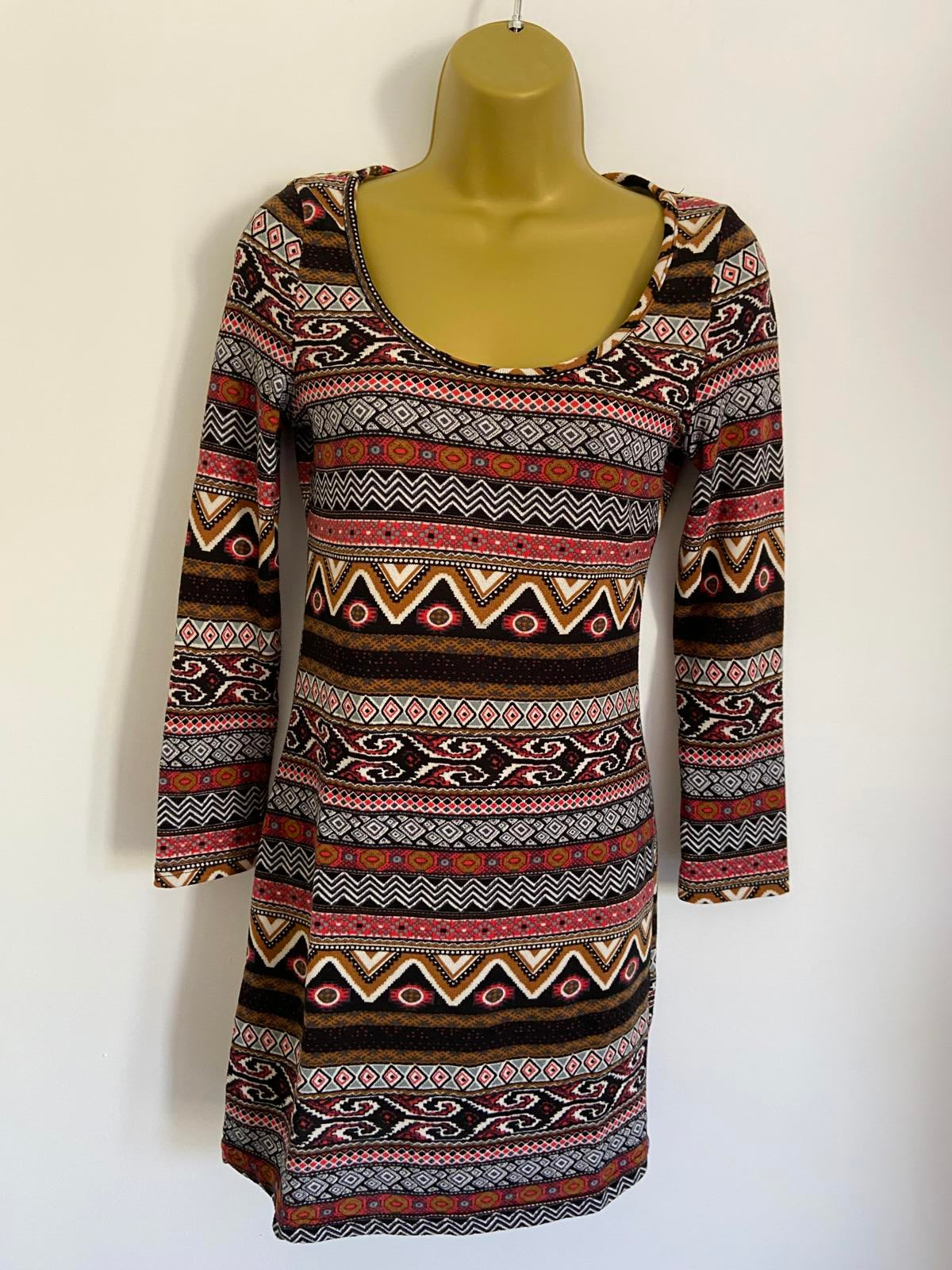New Look Size Small Red & Black Aztec Tribal Geometric T-Shirt Mini Dress